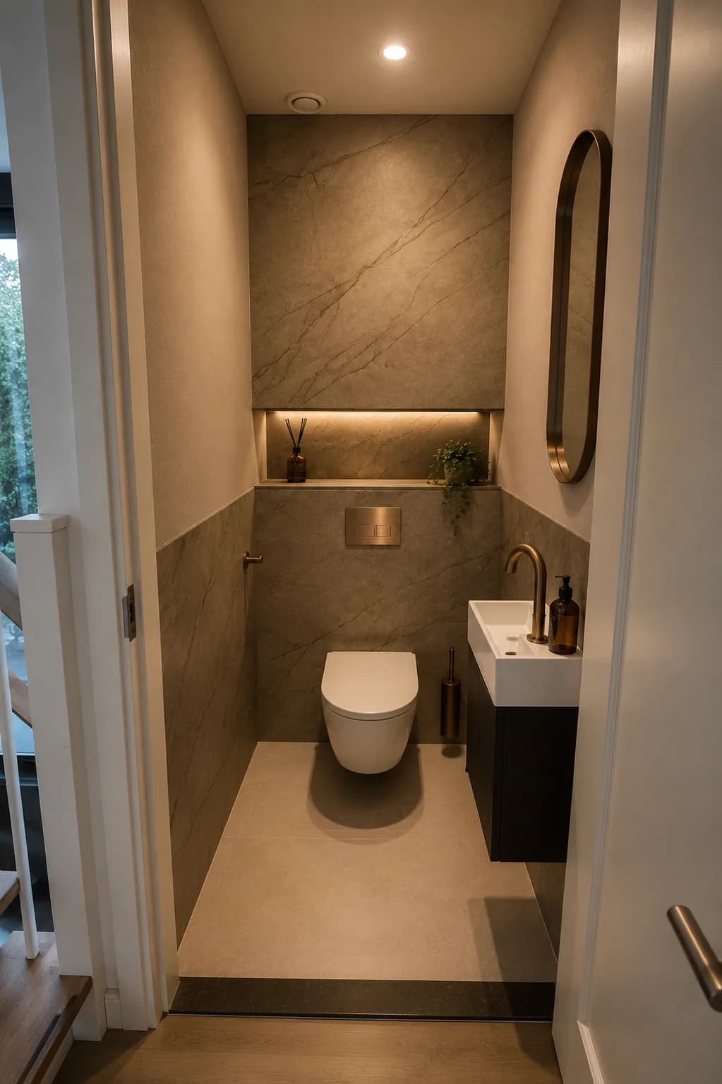 Toiletruimte met natuursteenlook wand, wastafel en gouden kraan