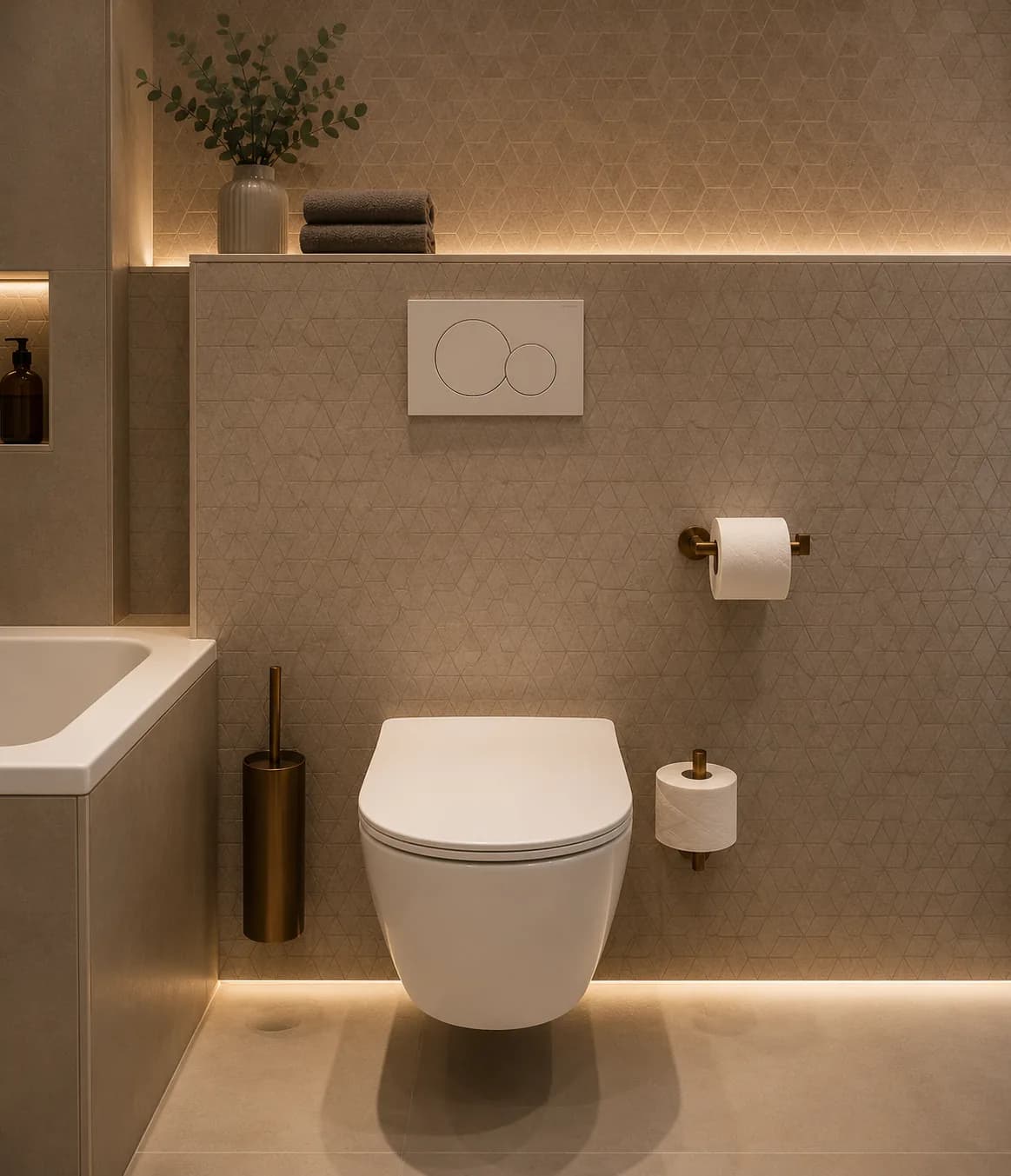 Hangend toilet naast het bad, met verlichte nis en gouden accessoires
