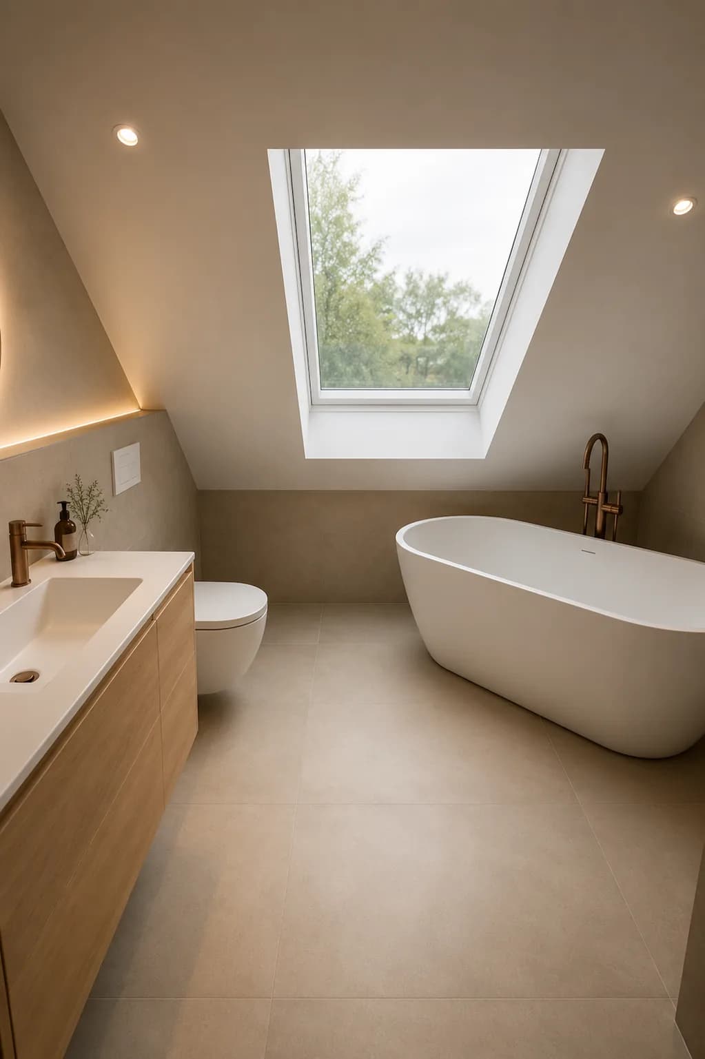 Zolderbadkamer met vrijstaand bad, wastafelmeubel en hangend toilet