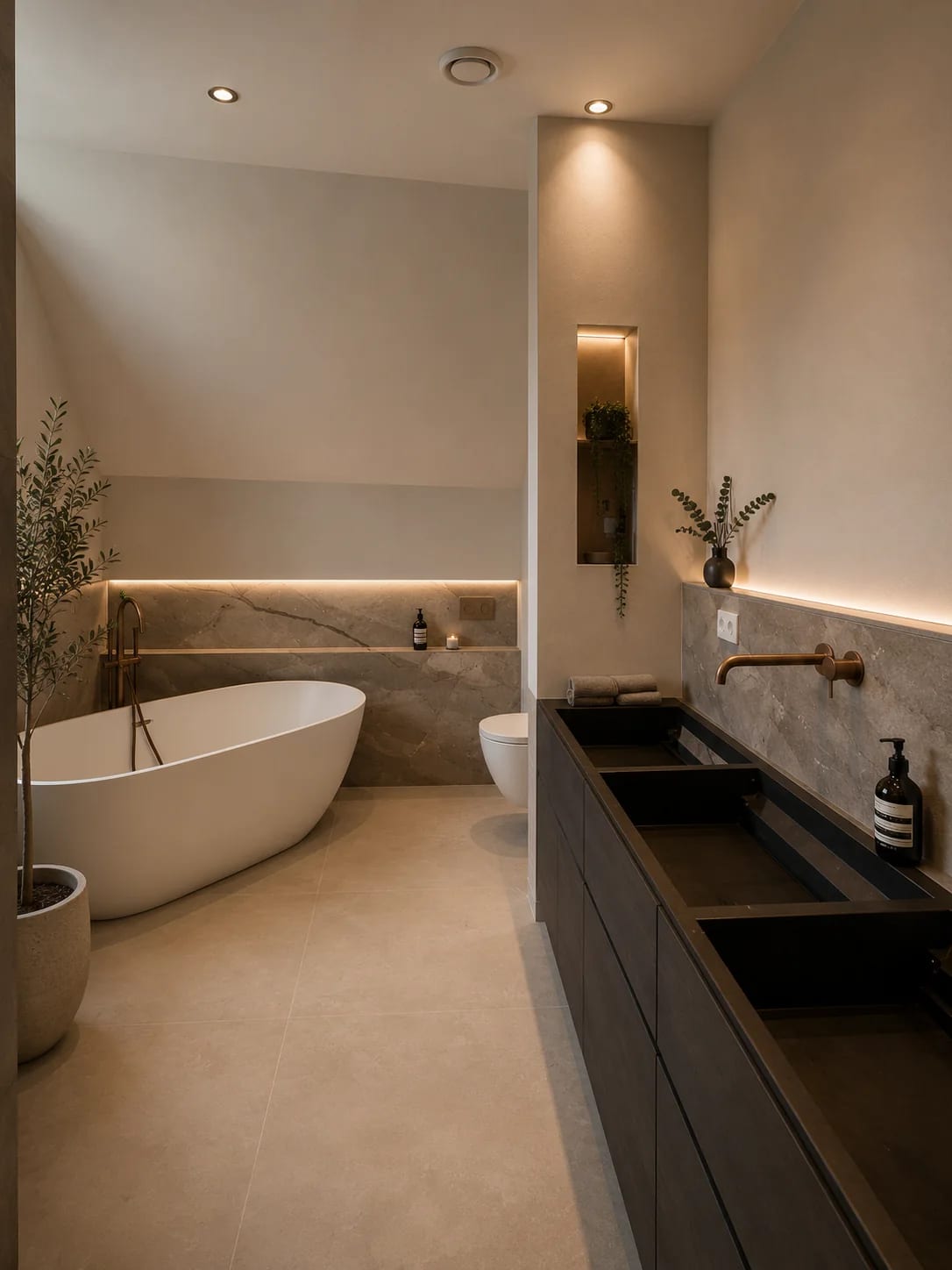 Badkamer met vrijstaand bad en een donker wastafelmeubel met twee waskommen