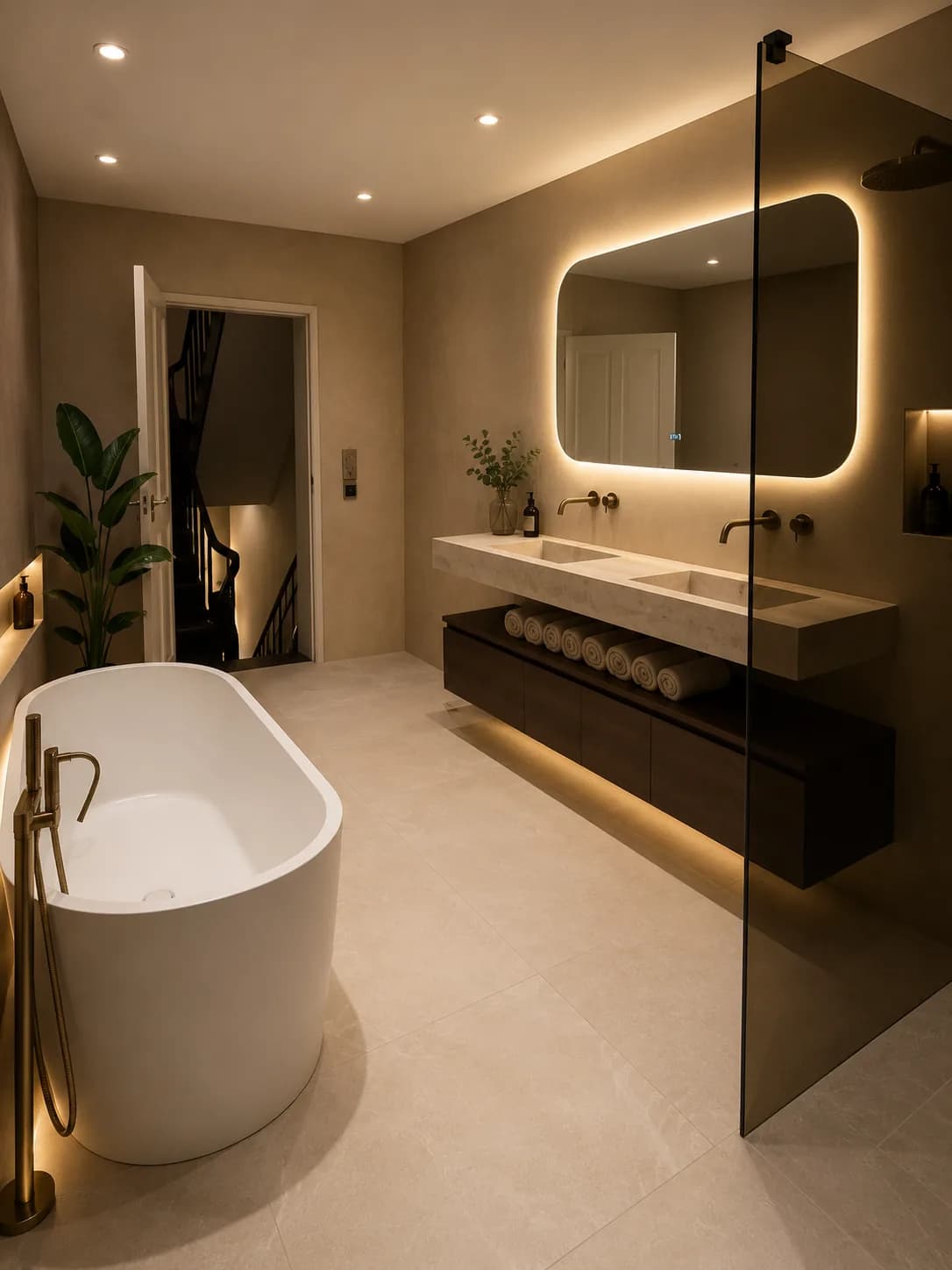 Badkamer met vrijstaand bad, glazen douchewand en een dubbele wastafel